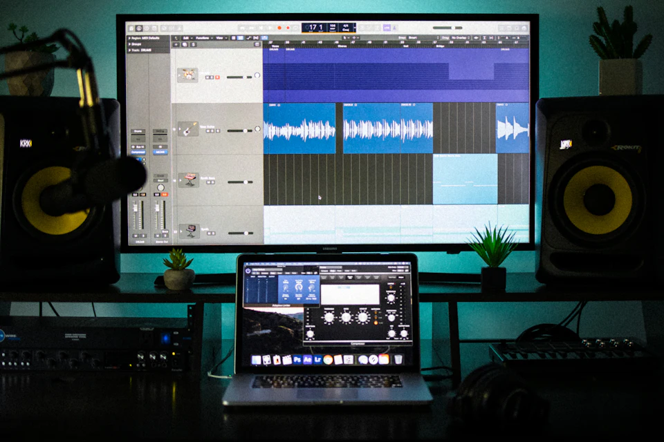 Pantalla y portátil con un programa de producción musical